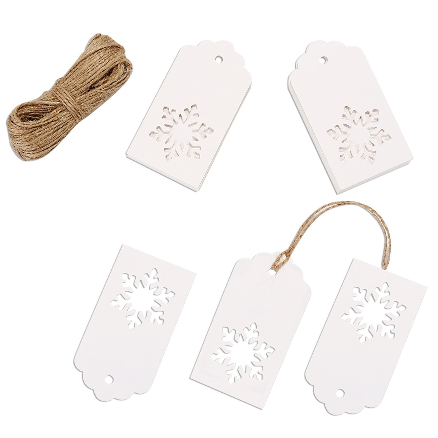 Whaline 100 Pcs Paper Tags Kraft Gift Tags Snowflake Shape Hang Labels with 30 Meters Twine for Wedding Valentine's Day and DIY Arts and Crafts Decorations (White)