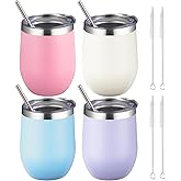 12 oz Insulated Wine Tumbler with Lid and Straw,Stainless Steel Stemless Wine Tumbler Double Wall Vacuum Wine Cups Tumbler Bulk for Coffee,Champaign,Cocktail,Office(Lavender/Cream/Pink/Baby blue)