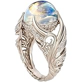 925 Sterling Silver Shiny Angel Wings Full Diamond Set Round Moonstone Ring Euramerican Micro Inlaid Zircon Diamond Ring Female Jewelry Found Earring Found (US Code 7)