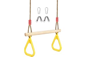 LadyRosian Wooden Trapeze Swing Bar, Adjustable Height Swing Set, Gym Rings, Playground Attachments, 16.5" Monkey Bar for Backyard, Playground, Playroom