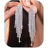 Rhinestone Tassel Earrings Sparkly Long Fringe Crystal Chandelier Dangle Drop Earrings Wedding Party Prom Earrings Premium Iridescent Earrings Wedding Party Jewelry Gifts for Women