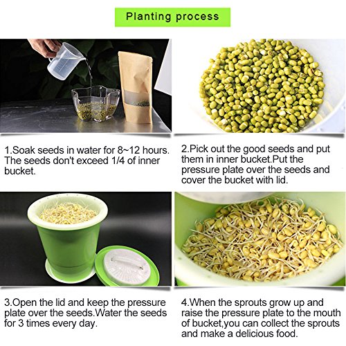 Seed Sprouter Pot,Big Capacity 8.27"x8.27"x8.4"Green Health Bean Sprouting Device 5 in 1:Inner+Outer bucket,Pressure plate,Lid,Tray and Counting Cup