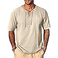 COOFANDY Men Casual Cotton Linen T Shirt Short Sleeve Beach Lace Up Hippie Shirt Yoga Renaissance Tunic