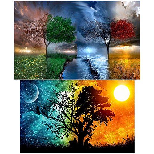 Aneco 2 Pack 5D DIY Diamond Painting Kit Full Drill Rhinestone Embroidery Wall Stickers with Embroidery Tools for Room Decoration, Four Season Tree and Starry Sky