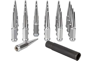 glorider M14x1.5 Spike Lug Nuts Chevy Silverado 6 Lug, 24pcs 4.4" Tall Chrome Spiked Lug Nut 6x5.5 Conical Bulge Seat with 1 Socket Key Compatible with Chevy Silverado, GMC Sierra, Ford F150, Ram 1500
