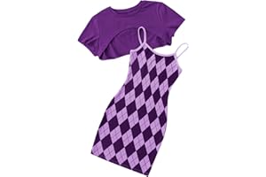 OYOANGLE Girl's Cute 2 Piece Outfits Print Cami Short Dress with Crop Top Tee Set