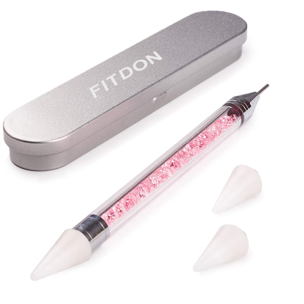 Dual-Ended Nail Rhinestone Picker Dotting Pen with Extra 2 Wax Head, FITDON Wax Tip Pencil for Jewel Gems Crystals Studs Pickup, Pink