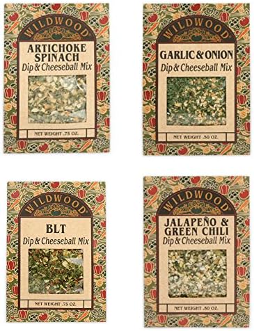 Wildwood Dip &amp; Cheeseball Mix Bundle (4 Pack): Artichoke Spinach, Garlic &amp; Onion, BLT, and Jalapeño