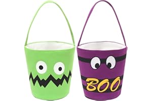 CHOIEO Halloween Baskets Canvas Halloween Buckets Halloween Trick or Treat Bags Candy Tote Buckets Pumpkin Buckets w. Handle for Halloween Party Favor Supplies (Purple Boo+Green)