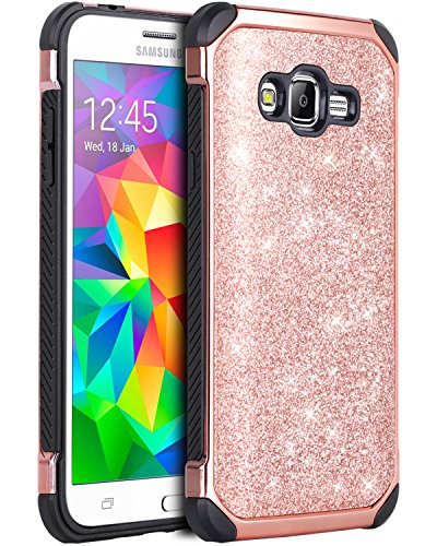 Galaxy Grand Prime Case, Galaxy J2 Prime Case, BENTOBEN Glitter 2 in 1 Slim Hard Laminated with PU Leather Chrome Shockproof Protective Case for Samsung Galaxy Grand Prime G530/J2 Prime , Rose Gold