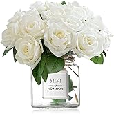 MISBEST Artificial White Rose Flowers with Vase,Fake Silk Pink Peony Bouquet with Glass Jar Home Rope for Wedding Proposal Bride Home Decoration and The Best Gift (White)