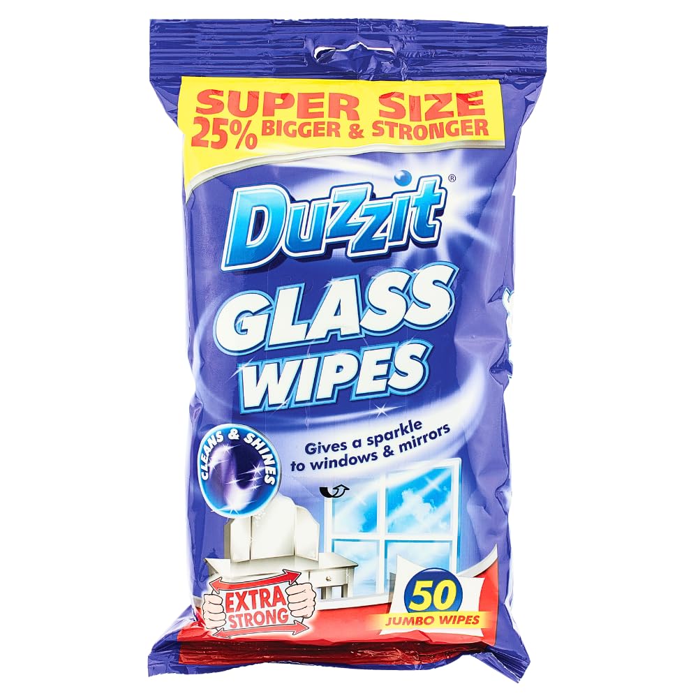 Duzzit Glass Wipes - Super Size (25% Bigger & Stronger) | Extra Strong Cleaning Wipes for Glass, Mirrors and More - Cleans and Shines (50 Jumbo Wipes)