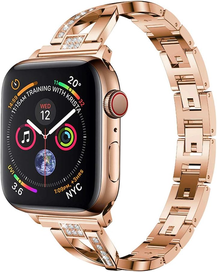 Yolovie Stainless Steel Band Compatible for Apple Watch Bands 42mm 44mm Women Rhinestone Bling Wristband Metal Bracelet Sport Strap with Removal Links for iWatch Series 5 4 3 2 1 - Rose Gold