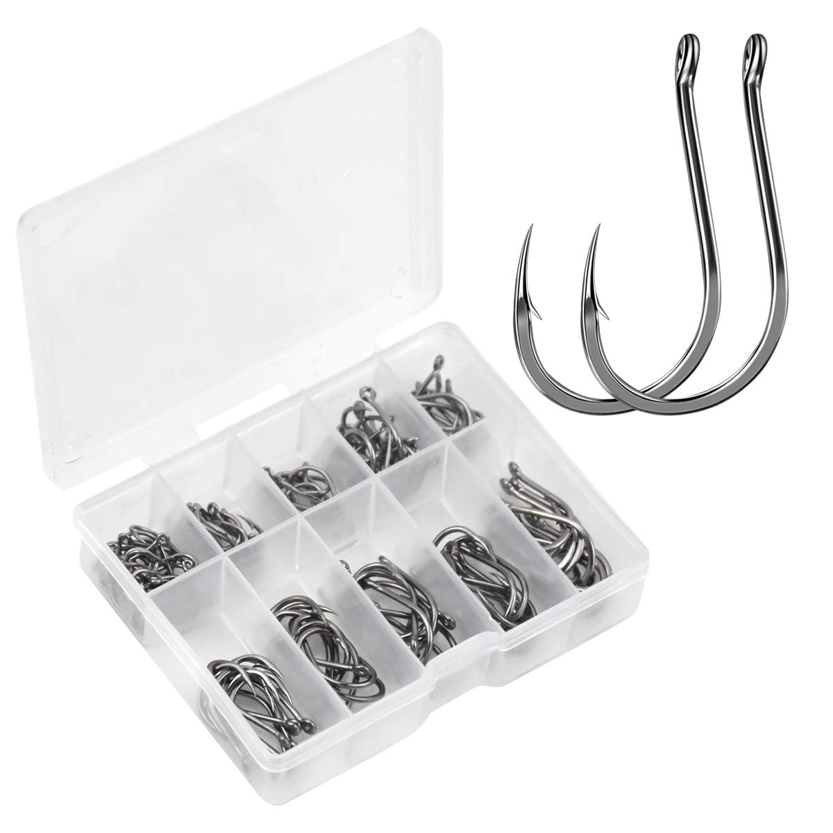 Focenat 100 Pcs Barbed Fishing Hooks, 10 Sizes Fish Hooks 3# - 12#, Eyed Fishing Hooks, Circle Hooks for Fishing in High Carbon Steel with Plastic Box
