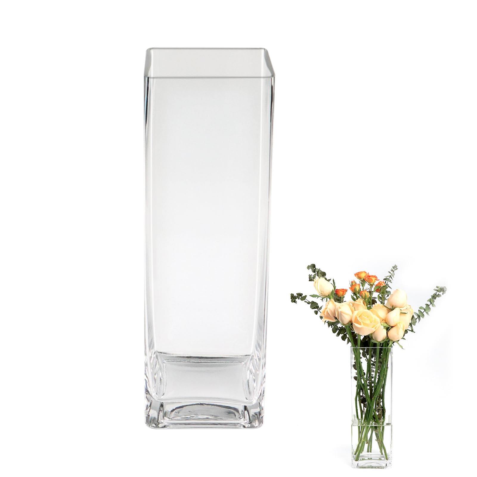 ASSRECT Glass Vases 30cm Tall Clear Square Flower Vase Handmade Modern Floral Arrangement Ornament Modern Ornaments for Wedding Party Home Office Decor Table Decoration