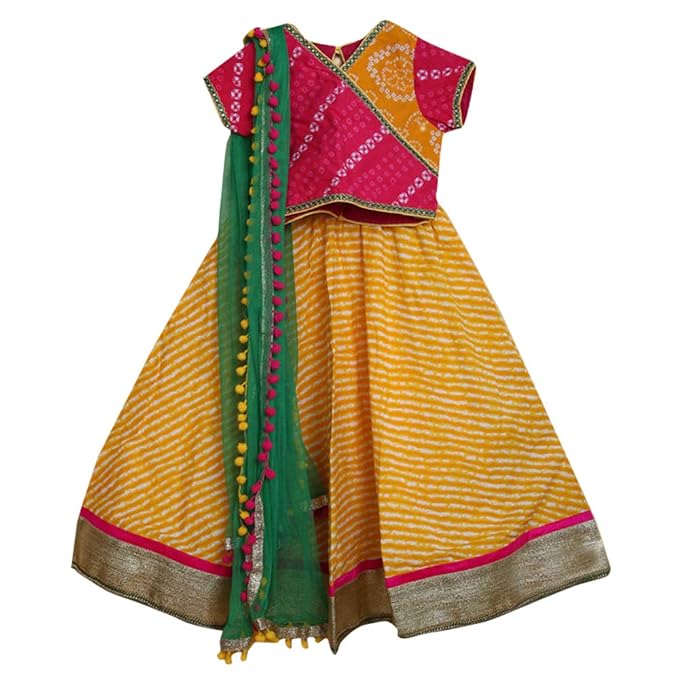 Kids Chakra By Hopscotch Girls Cotton Stripes Lehengas And Blouse Set In Yellow Color