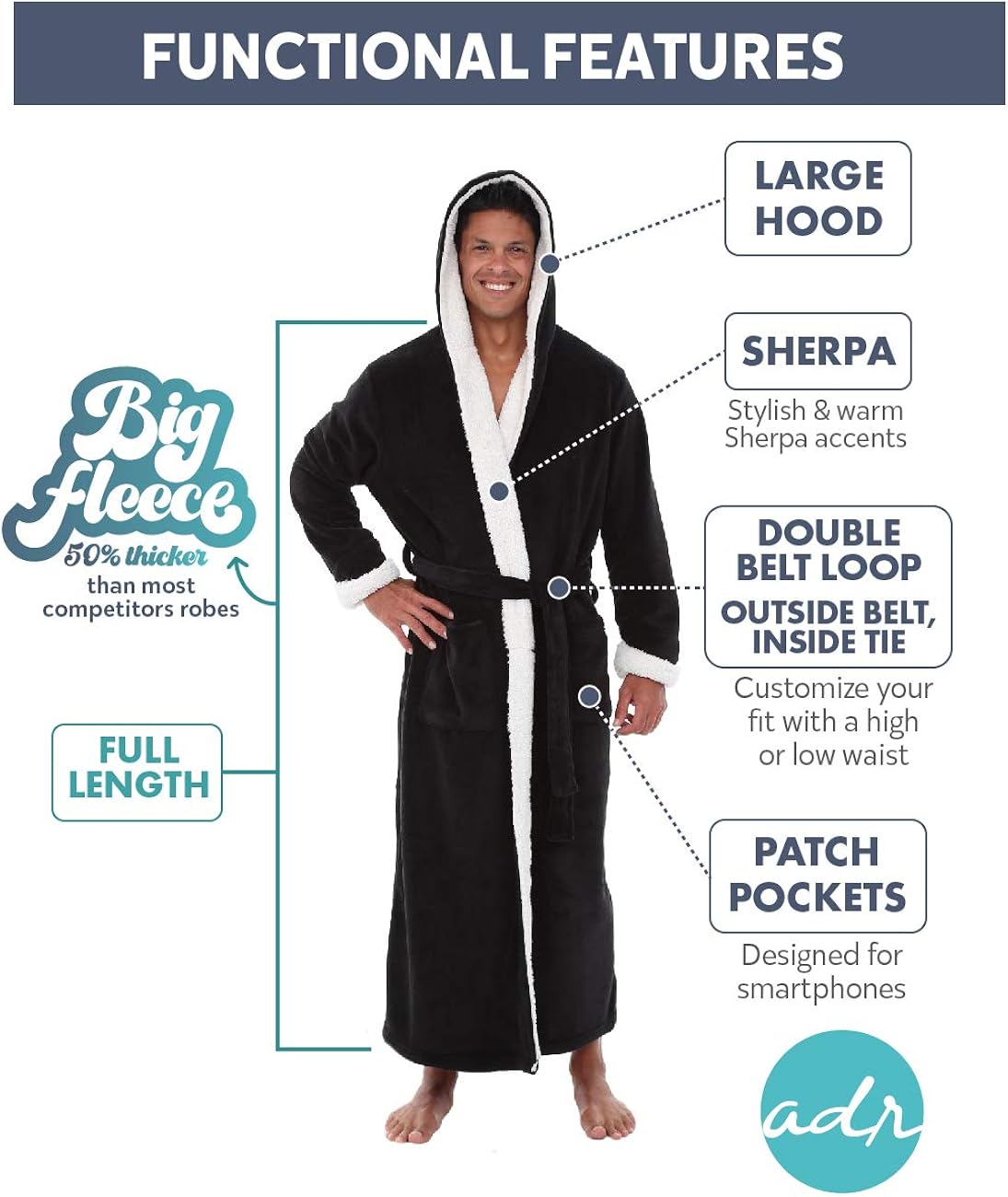 Alexander Del Rossa Men's Warm Fleece Robe with Hood, Plush Sherpa Big and Tall Bathrobe at  Men’s Clothing store