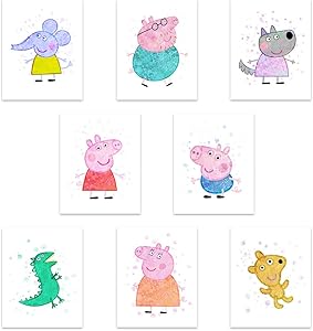 Peppa Pig Wall Decorations Prints Unframed Set of 8 (8x10 Inches) - Peppa Pig Figures Birthday Party Decor Stickers Peppa Pig Wall Decor - Kids Room Playroom Bedroom Nursery Decor