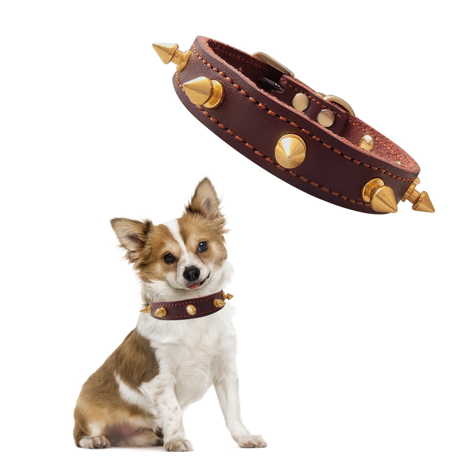 Qianruida Spiked Collars for Dogs and Cats – Soft Leather Dog Lead Punk – Adjustable – Studded Rivet – with Spikes – Suitable for Small Dogs – XS
