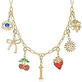 Initial Charm Necklace for Women, Evil Eye Four-Leaf Clover Sun Bow Cherry Strawberry Removable Charms Necklace Paper Clip Chain Choker, Trendy Jewelry Birthday Christmas Gifts for Her (Letter I )