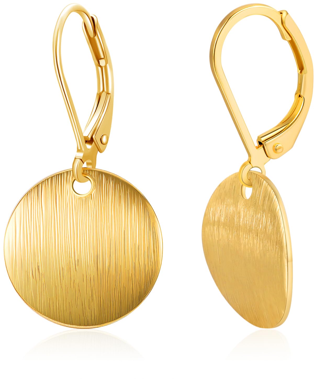 View 1 of 14K Gold Disc Earrings For Women - Gold Coin Earrings For Women - Trendy Dangle Drop Circle Disc Coin Design - Brush Brushed Matte Finish Boho Flat Hypoallergenic Plated Lightweight Ladies Earings