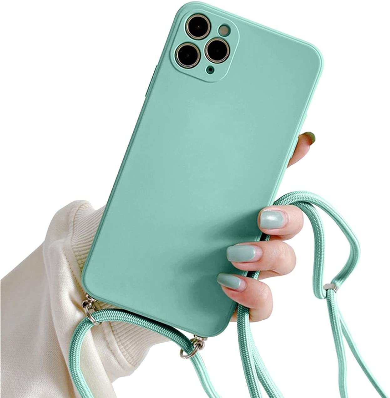 Galful Mobile phone chain for iPhone 14 pro 6.1", silicone case with lanyard smartphone necklace protective bumper with strap shockproof lanyard case cover Light Green