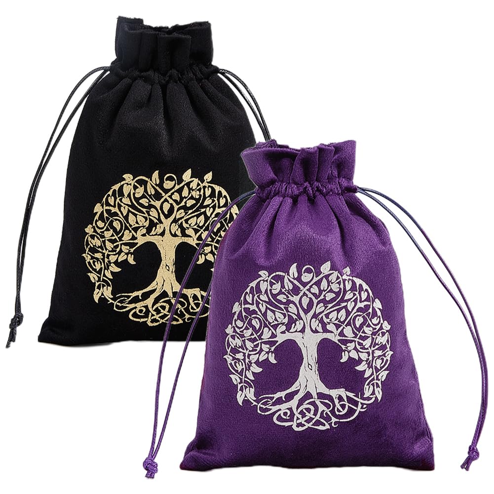 CREATCABIN 2Pcs Tree of Life Tarot Bags Velvet Tarot Card Storage Bag Pouches Holder Set Rune with Drawstrings Large Packing for Crystal Jewelry Dice Gift Halloween 7x5.1Inch-Black Purple