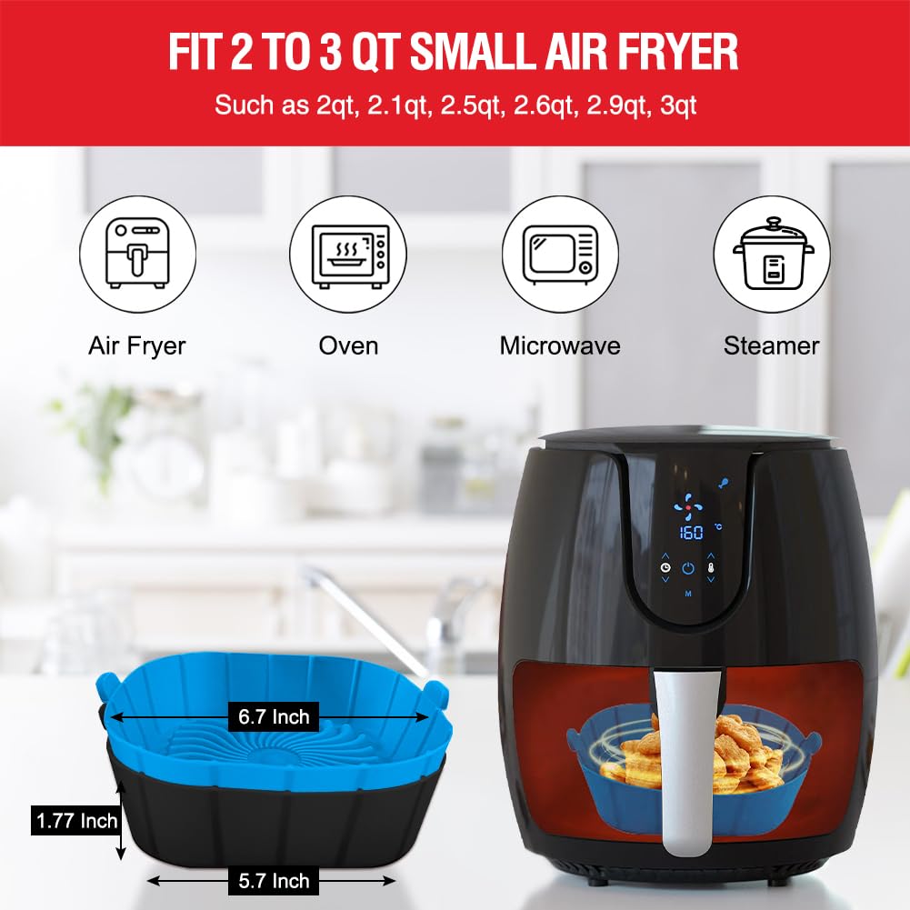 Air Fryer Silicone Liners for 2 to 3 QT Small Air Fryers, Non-Stick Reusable Silicone Pot Basket Bowl Liner Baking Tray Air Fryer Accessories, 2 Pack Square Airfryer Liner Insert