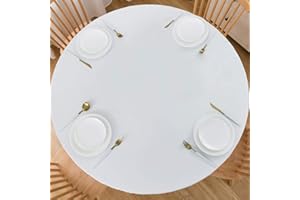 LIBERECOO Round Fitted Vinyl Tablecloth Waterproof Elastic Edged Table Cloth -Pure White -Plastic Table Covers for Indoor & Outdoor Fits 40"-44" Round Table