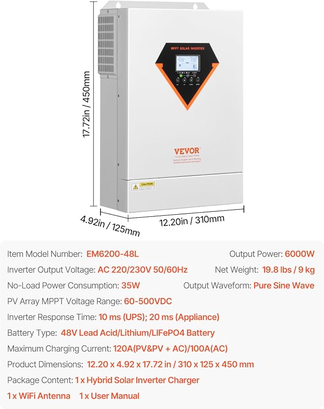 Inversor Solar Híbrido de 6000 W, Carregador Inverter de Onda Senoidal Pura Tudo Num Só, com Controlador Solar MPPT Integrado de 120 A, para Sistema Fora da Rede com Bateria