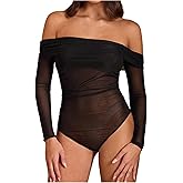 OYOANGLE Women's Off Shoulder Sheer Bodysuits Long Sleeve Ruched Going Out Bodysuit Tops