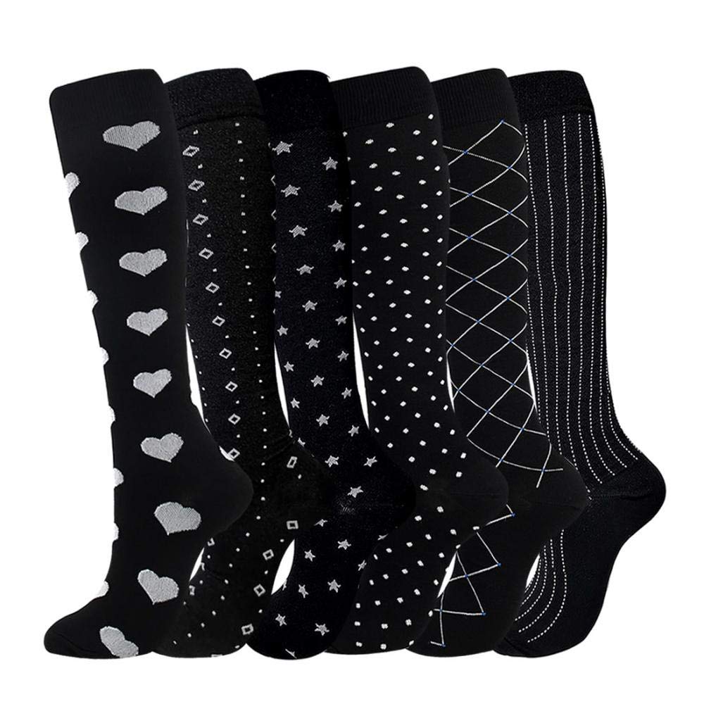 YYW Compression Socks for Women Men Circulation Novelty Calf Compression Socks 6 Pairs Ideal for Running Sports Nurses Flight Travel Pregnancy 20-25 mmhg (Black, L-XL)