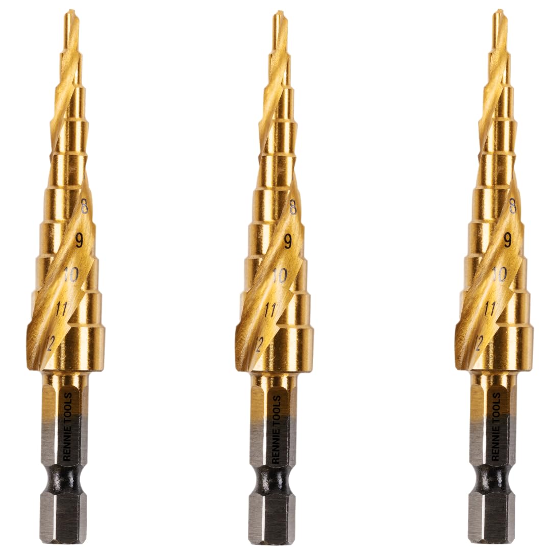 3 Pack - 3mm to 12mm Spiral Flute Step Drill Bits High Speed Steel Titanium Coated, Metric Hex Shank, HSS Tool Set for DIY Plastic Wood Steel Metal Aluminum. Cone Cutter Hole Cutter Drill Bits — image 1
