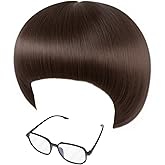 ANOGOL Hair Cap + Glasses+ Short Brown Bowl Cut Wig Mushroom Wigs with Bangs for Men Boys Women Funny Wigs for Movie Halloween Cosplay Costume Party Christmas