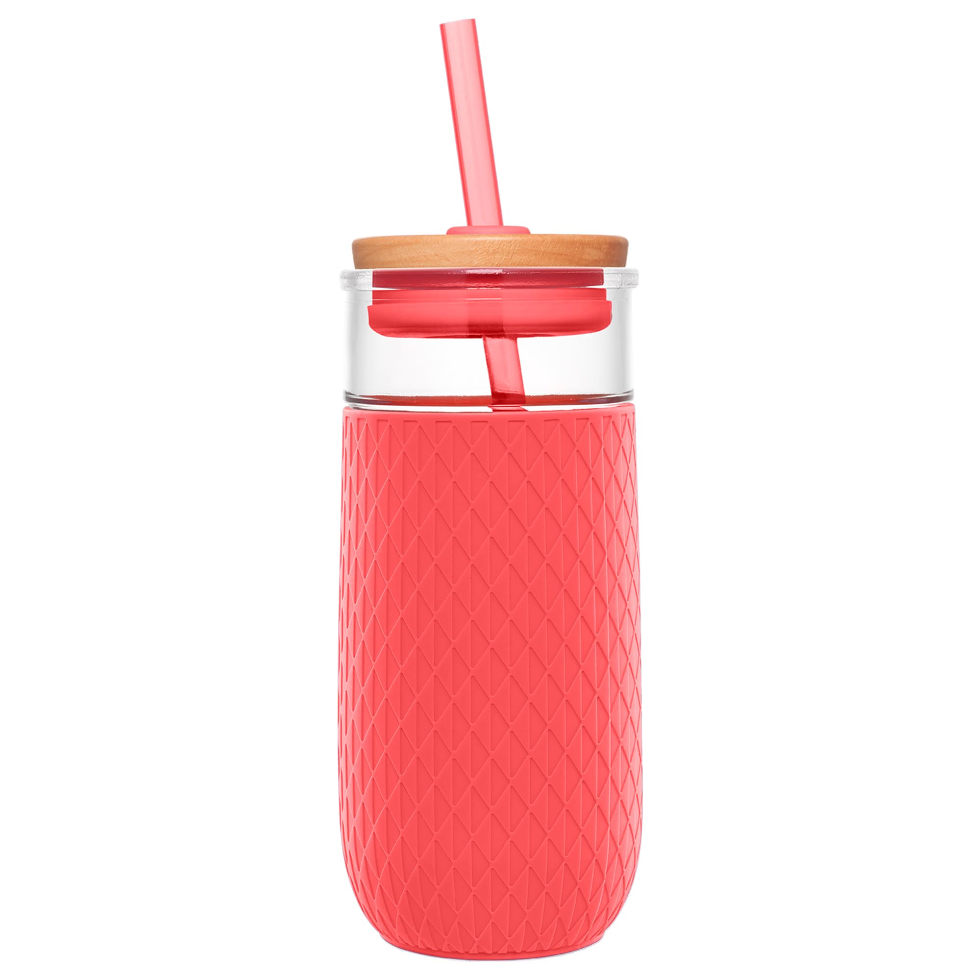 Ello Devon Glass Tumbler with Protective No Sweat Silicone Sleeve and Splash Proof Wooden Detail Lid with Straw, 18 oz