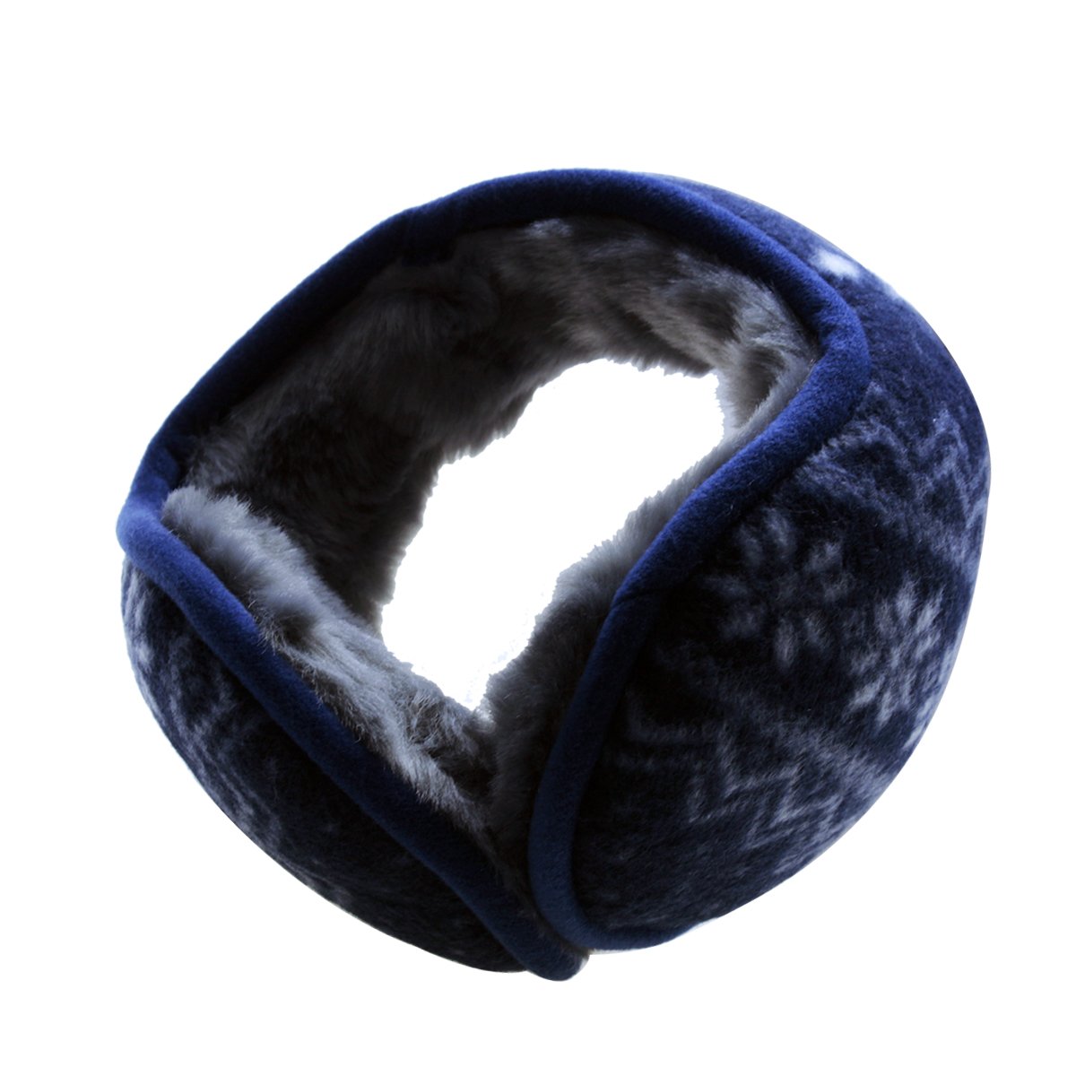 JUSTIME Unisex Foldable Ear Warmers Polar Fleece Winter Accessory Outdoor EarMuffs- Back Worn Stylish Cozy Earmuff-Snowflake Pattern(Navy Blue)