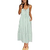 Fashionme Womens Summer Maxi Dresses 2026 Trendy Striped Vacation Boho Beach Spaghetti Strap Sundress Back Tie with Pockets