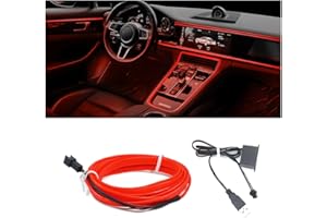 HIPOPY EL Wire LED Strip Lights, USB Auto Neon Light Strip with Sewing Edge, 16FT Electroluminescent Ambient Lighting Kit with Fuse Protection, Car Decoration Accessory (Red/16FT)