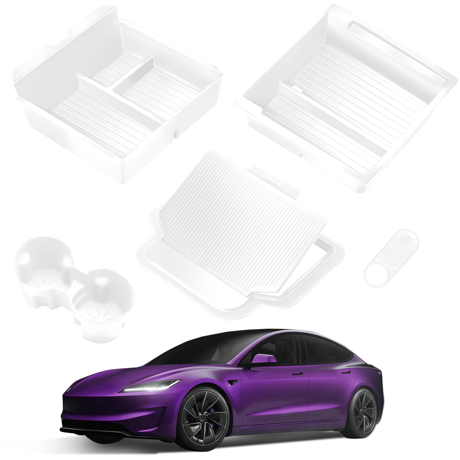 Photo 1 of TSLDRV 2025 Upgrade Center Console Organizer Tray for Tesla Model 3 Highland Accessories 2024 /For Tesla Model Y Juniper Accessories 2025 [Slide Smoothly/US Patent] Cup Holder White