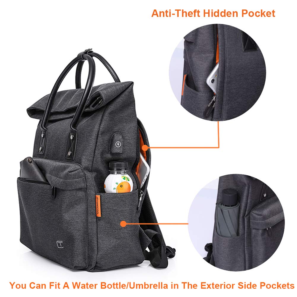 TC Tote Bag Backpack Convertible with USB Charging Lightweight Waterproof School Travel Daypack Fit Under 15-inch Laptop Fashion & Casual Foldable Backpack for Women Men, Black
