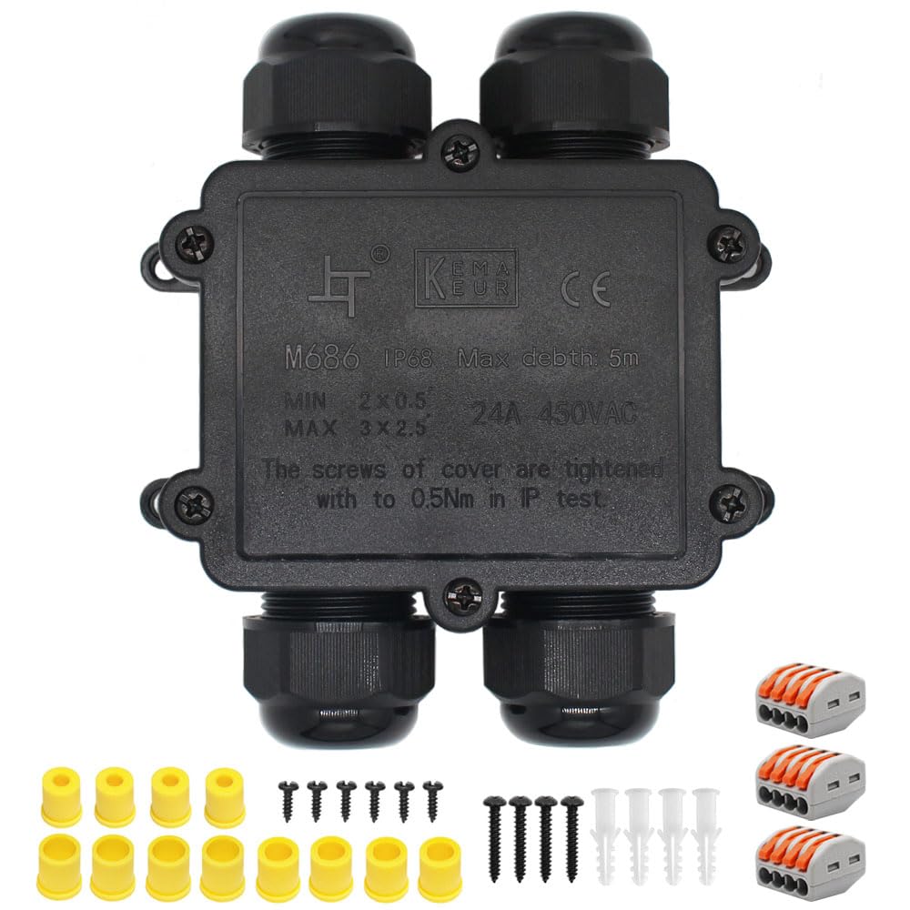 IP68 Waterproof Junction Box, HUYU 4-Way Outdoor Cable Connectors with M25 Glands Electrical Junction Box for Ø 4-14mm - H4
