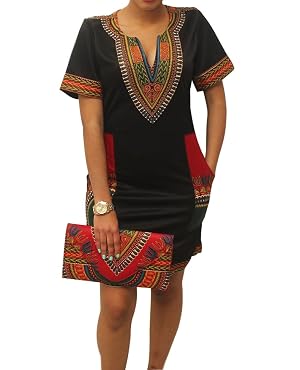 SheKiss Women's Dashiki Dress - African Print Bodycon Midi With V-Neck & Pockets | Boho Vintage Stretch Dress For Club, Party, Summer