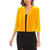 MINTLIMIT Women's Velvet Shrug Cropped Cardigan Ruched 3/4 Sleeve Open Front Cocktail Party Bolero Shrug Top for Dress