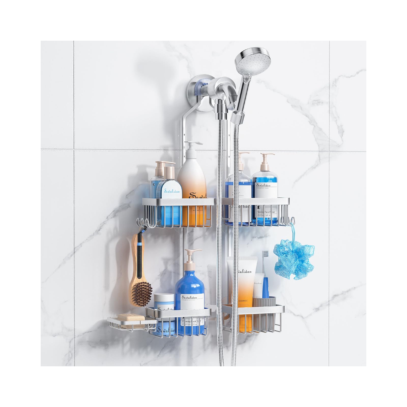 Photo 1 of Aluminum Alloy Hanging Shower Caddy for Handheld Shower Heads, Rustproof Hose Shower Organizer 4 Levels Height Adjustable Shower Rack with Hooks, Razor Holder, Soap Holder