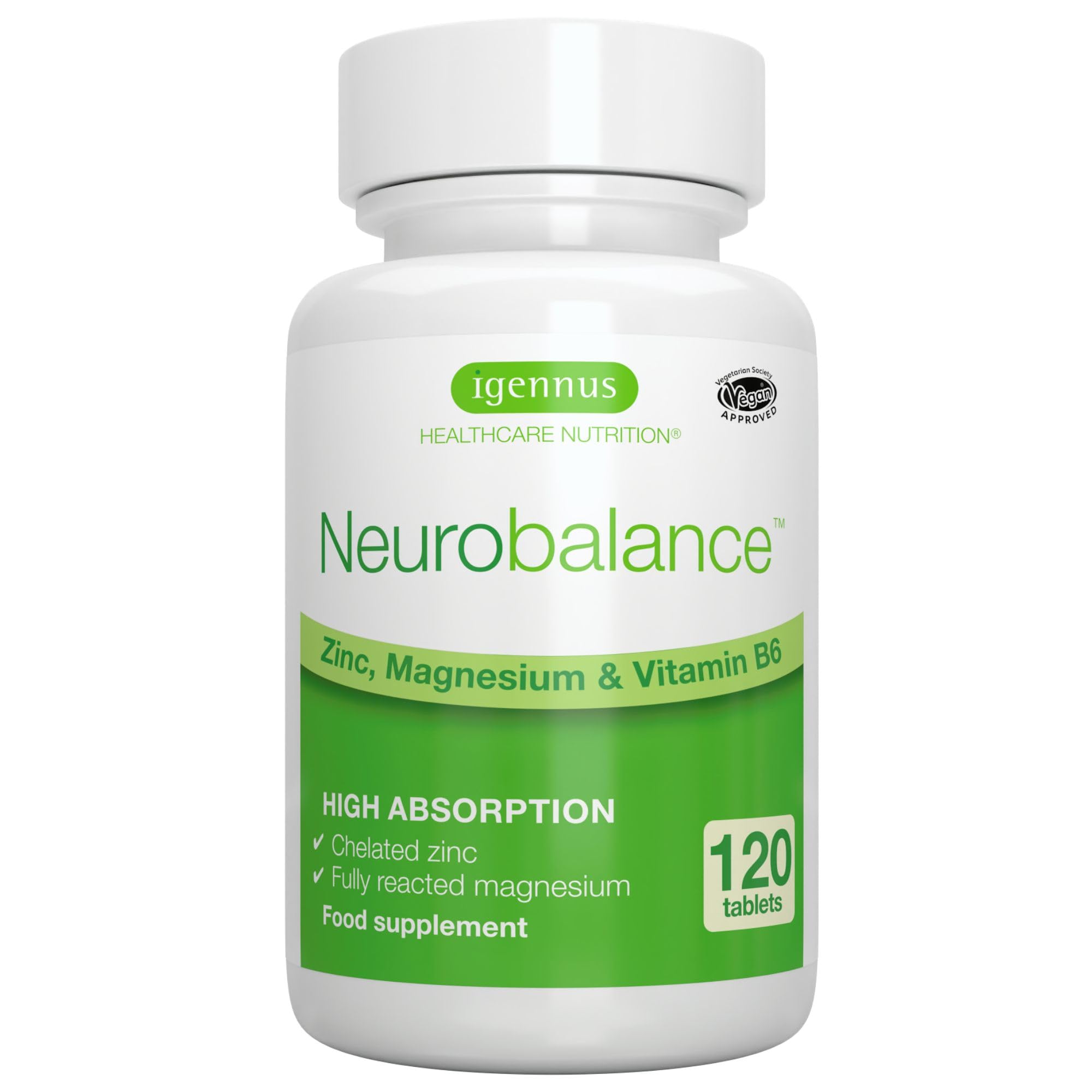 Igennus Neurobalance High Strength Zinc Magnesium & B6 Complex for Cognitive Support, Calm Focus & Relaxation, 120 Small Tablets, Chelated Zinc & Gentle Higly Absorbable Fully Reacted Magnesium