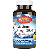 Carlson - Maximum Omega 2000, 2000 mg Omega-3 Fatty Acids Including EPA and DHA, Wild-Caught, Norwegian Fish Oil Supplement, Sustainably Sourced Fish Oil Capsules, Lemon, 60 Softgels