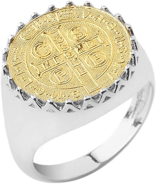 Exquisite 10k Two-Tone White & Yellow Gold St. Benedict Medal Statement Ring
