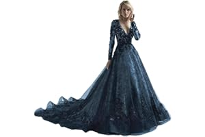 TRHTX Gothic Black Wedding Dresses for Bride Long Sleeve Bridal Gowns V Neck Lace Appliques Wedding Gowns with Train