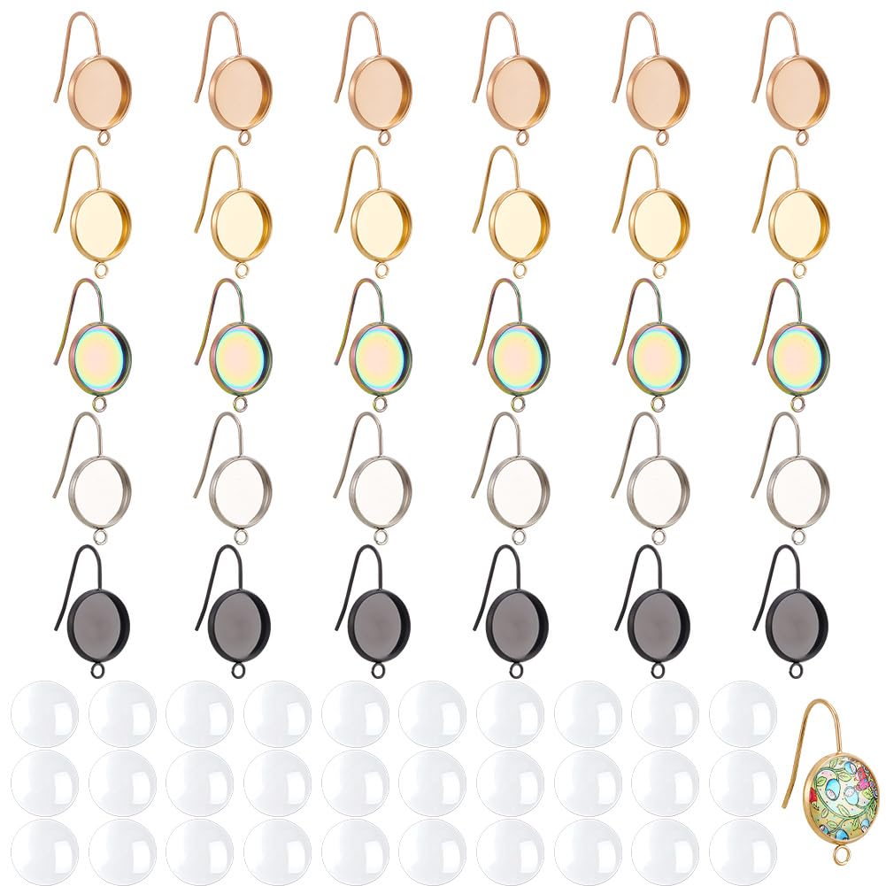 GOMAKERER 60 Pcs 5 Colors Blank Bezel Earrings, Including 30 Pcs Glass Cabochons Blank Dome 304 Stainless Steel Earrings Flat Round Earring Hook Making Kit Earring Bezel Blanks for Jewelry Making