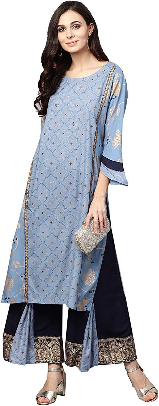 Ishin Women Blue & Navy Blue Viscose Rayon Printed Palazzo Kurta Set